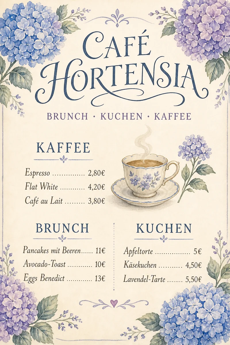 KI-Karte — Aquarell, Hortensien-Café